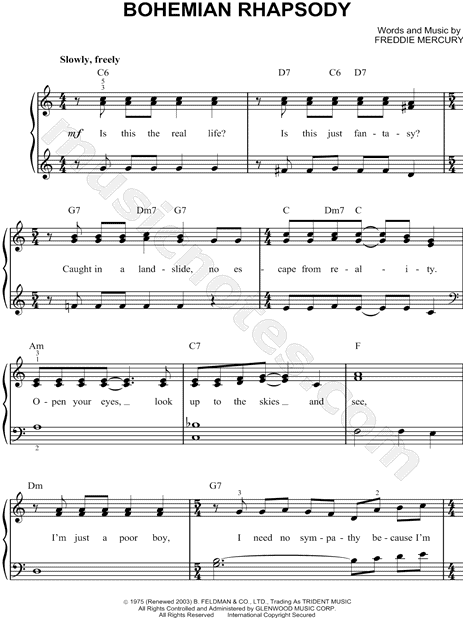 Bohemian Rhapsody Notes For Piano Pdf Sheet